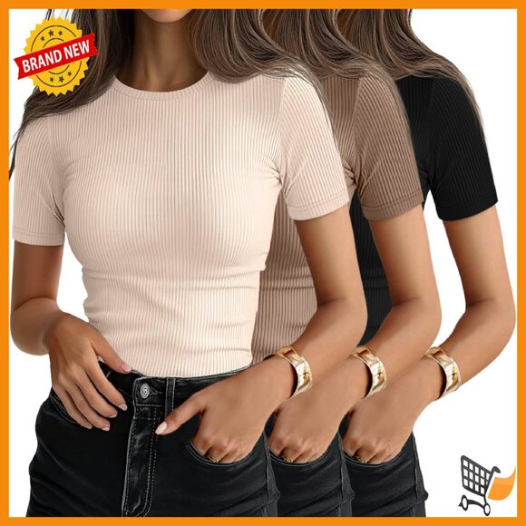 Tops - 3 Pack Women's Ribbed Cotton Tees Slim Fit Short Sleeve Crewneck Tops